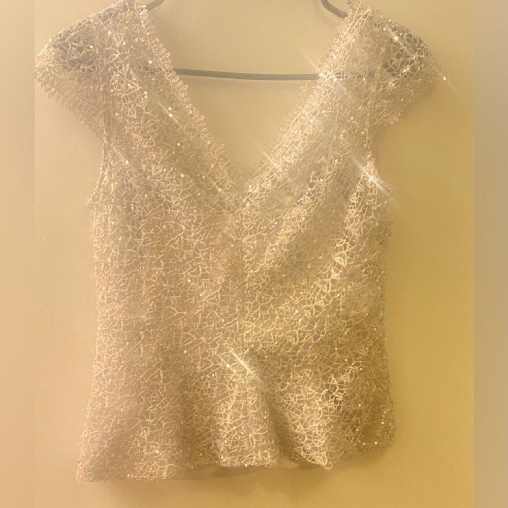 🛍️Kay Unger Sparkle ✨ and Shine Sleeveless Lace Floral Blouse GoldTop Size:10💥